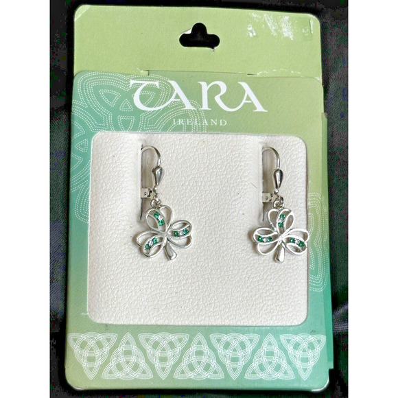 New Tara Solvar Clover Drop Dangle Earrings Silver Tone Openwork Made in Ireland - Picture 2 of 8